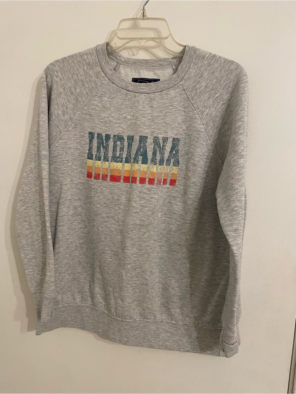 State of Mind Gray Indiana Graphic Crewneck with Blue Yellow Red Stripes